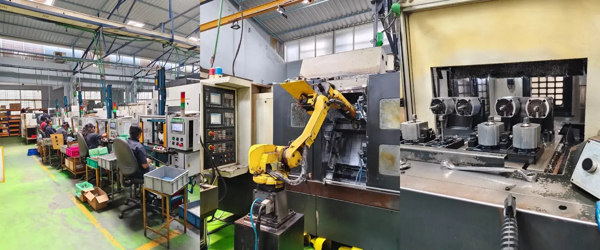 DPS shop floor: assembly stations, a robot tending a CNC machine and a multi-spindle special purpose machine
