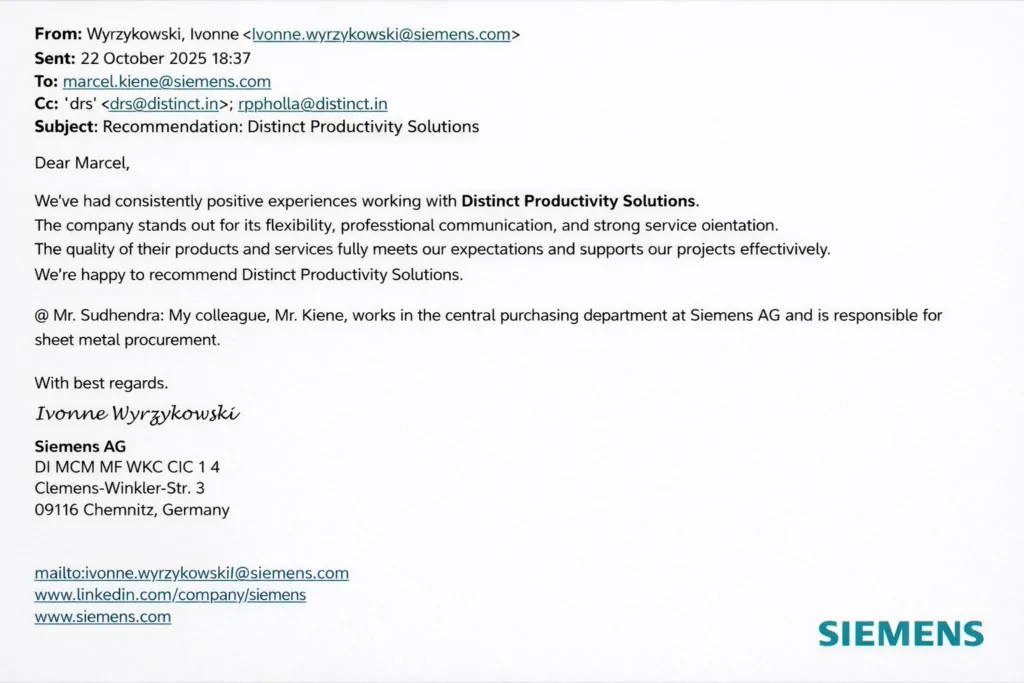 Recommendation for Distinct Productivity Solutions &mdash; Siemens AG, Chemnitz