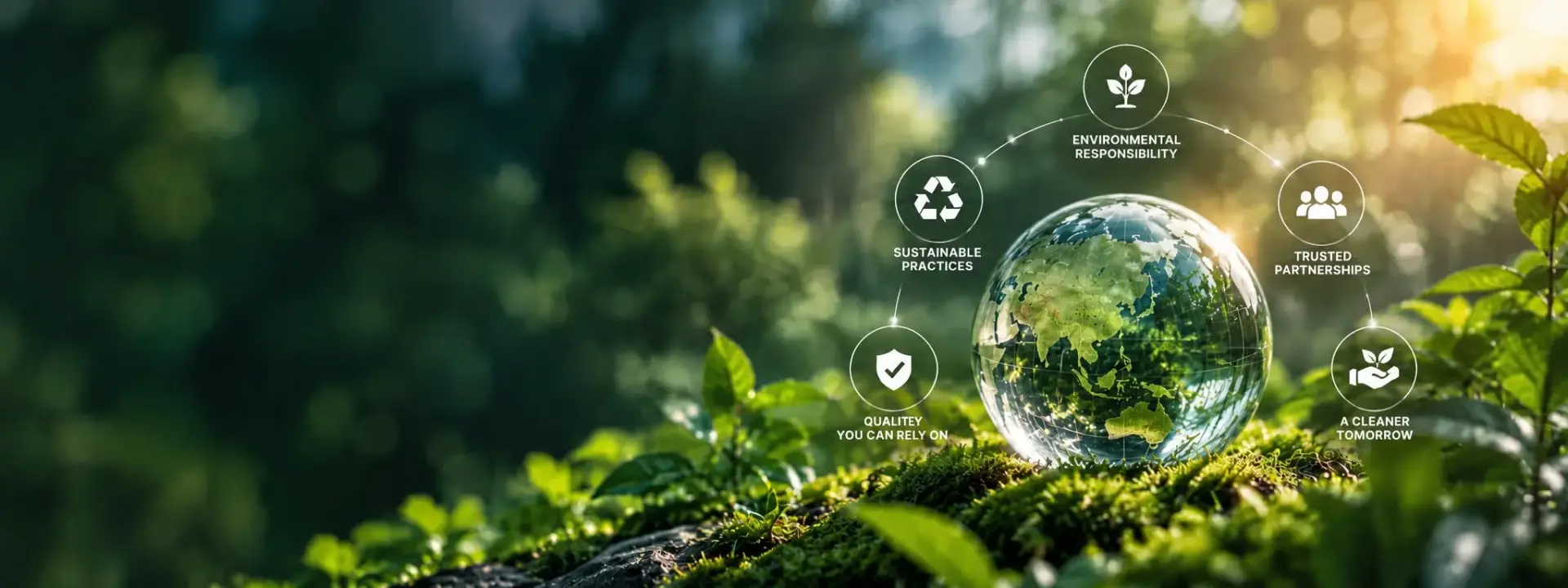 Glass globe on moss in a forest, ringed by icons for sustainable practices, environmental responsibility, trusted partnerships, quality and a cleaner tomorrow